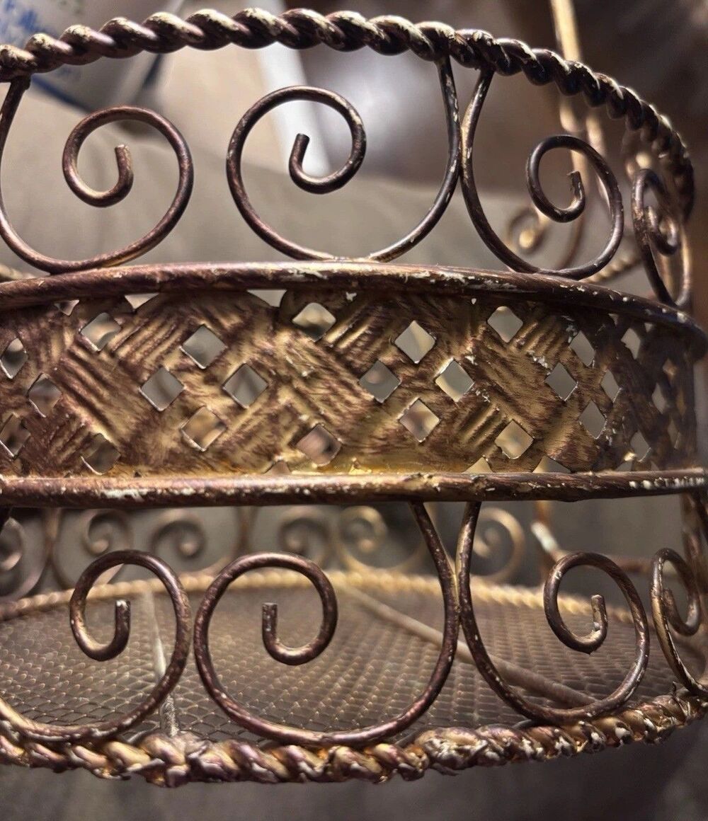 Vintage Ornate Metal Wire Basket with Handle Scrollwork 12” Tall 8” Round